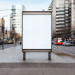 Vertical blank white billboard at a bus stop on a city street. In the background buildings and road. Mock up. Poster on street next to the roadway