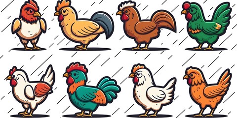 simple 2d vector illustration for a set of colored chickens rooster henhouse vector thin line icons isolated white background cartoon style  - obrazy, fototapety, plakaty