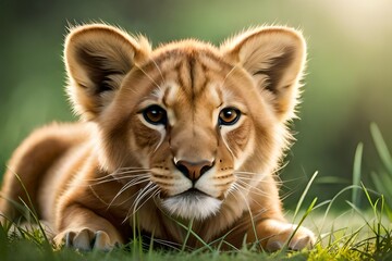 a close-up of a baby lion cub with its eyes wide open