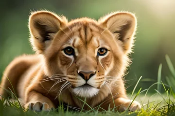 Poster a close-up of a baby lion cub with its eyes wide open © Izhar