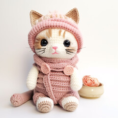 Cat knitted doll, wearing pink suit and hat
