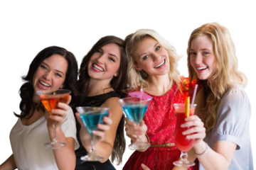 Digital png photo of happy caucasian female colleagues with drinks on transparent background