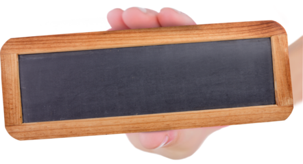 Digital png illustration of hand holding wooden space for inscription on transparent background