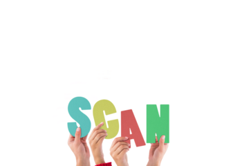 Digital png illustration of hands with scan text on transparent background