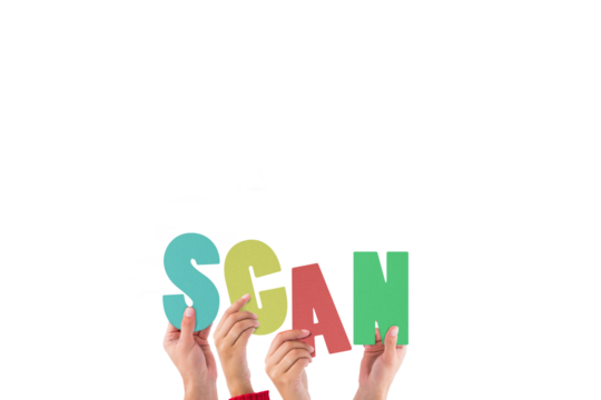 Digital png illustration of hands with scan text on transparent background