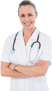 Digital png photo of happy caucasian female doctor standing on transparent background