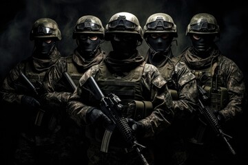 Group of special forces soldiers in full gear, Studio shot on dark background, modern soldiers, masked army with assault rifles and war uniform, combat warriors with guns - obrazy, fototapety, plakaty