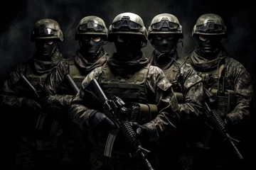 Fotobehang Group of special forces soldiers in full gear, Studio shot on dark background, modern soldiers, masked army with assault rifles and war uniform, combat warriors with guns © Jahan Mirovi