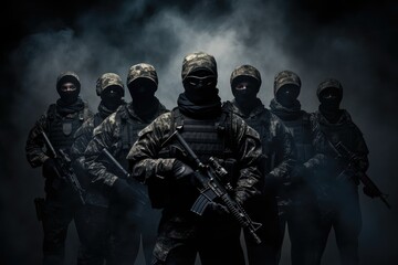 Group of soldiers with assault rifles in the smoke on a dark background, Stealth, armed forces, masked military soldiers with full gear war set up, combat warriors - obrazy, fototapety, plakaty