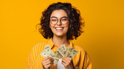 A cheerful young woman holding money banknotes and celebrating. generative ai - obrazy, fototapety, plakaty