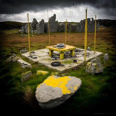 A photograph of an abandonded Audio recording Rig in the middle of a stone circle on the Isle of Lewis in the hebrides made from scaffolding old dirty tarp benches science equipment antennas aerials  - obrazy, fototapety, plakaty
