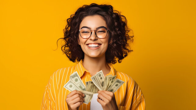 A cheerful young woman holding money banknotes and celebrating. generative ai