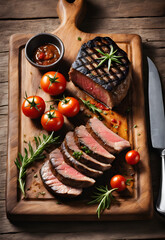 Grilled wagyu beef steak with spices and herbs on dark background