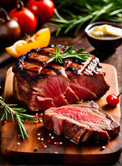 Grilled wagyu beef steak with spices and herbs on dark background