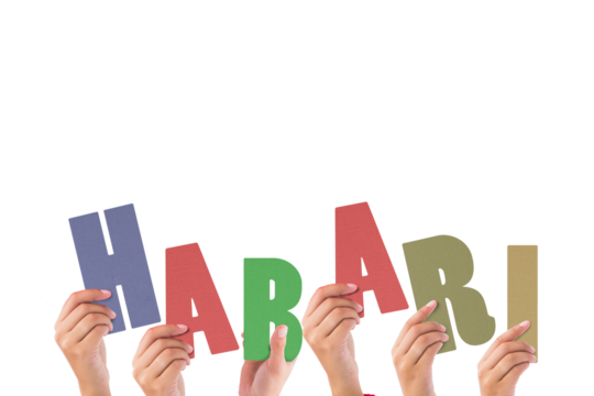 Digital png illustration of hands holding harari text on transparent background - Powered by Adobe