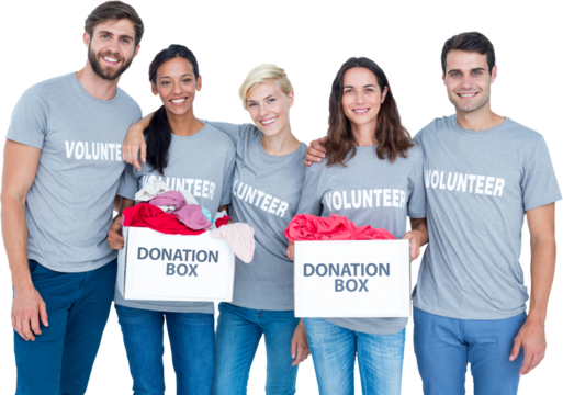 Digital png illustration of diverse volunteers with donation boxes on transparent background