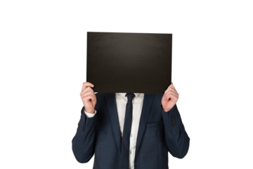Digital png photo of caucasian businessman holding blackboard on transparent background