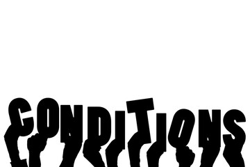 Digital png illustration of hands with black conditions text on transparent background