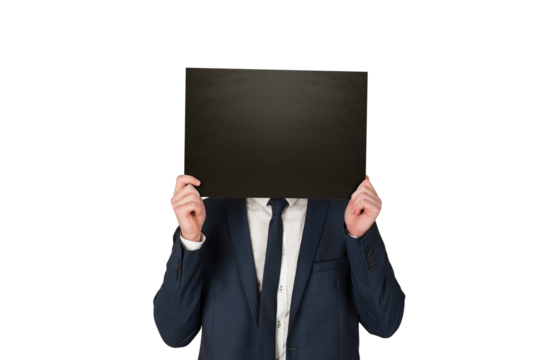 Digital png photo of caucasian businessman holding blackboard on transparent background