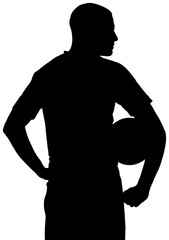 Digital png illustration of silhouette of male footballer with ball on transparent background