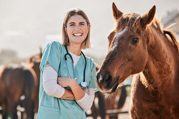 Happy horse doctor, portrait and woman at farm with arms crossed, care or smile for love, animal or...