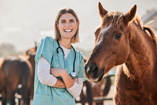 Happy horse doctor, portrait and woman at farm with arms crossed, care or smile for love, animal or nature. Vet, nurse and equine healthcare expert in sunshine, countryside and helping for wellness