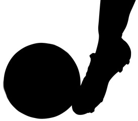 Digital png illustration of silhouette of leg of male footballer with ball on transparent background