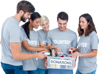 Digital png photo of diverse group of volunteers with box for donations on transparent background