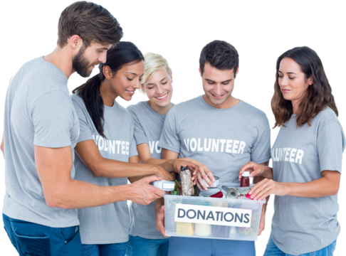 Digital png photo of diverse group of volunteers with box for donations on transparent background
