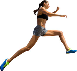 Digital png photo of caucasian female athlete jumping on transparent background