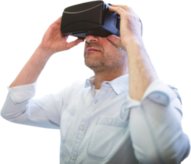 Digital png photo of caucasian man using vr headset on transparent background