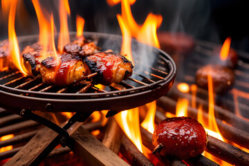 laborday celebration picnic outside barbecue in flame close-up