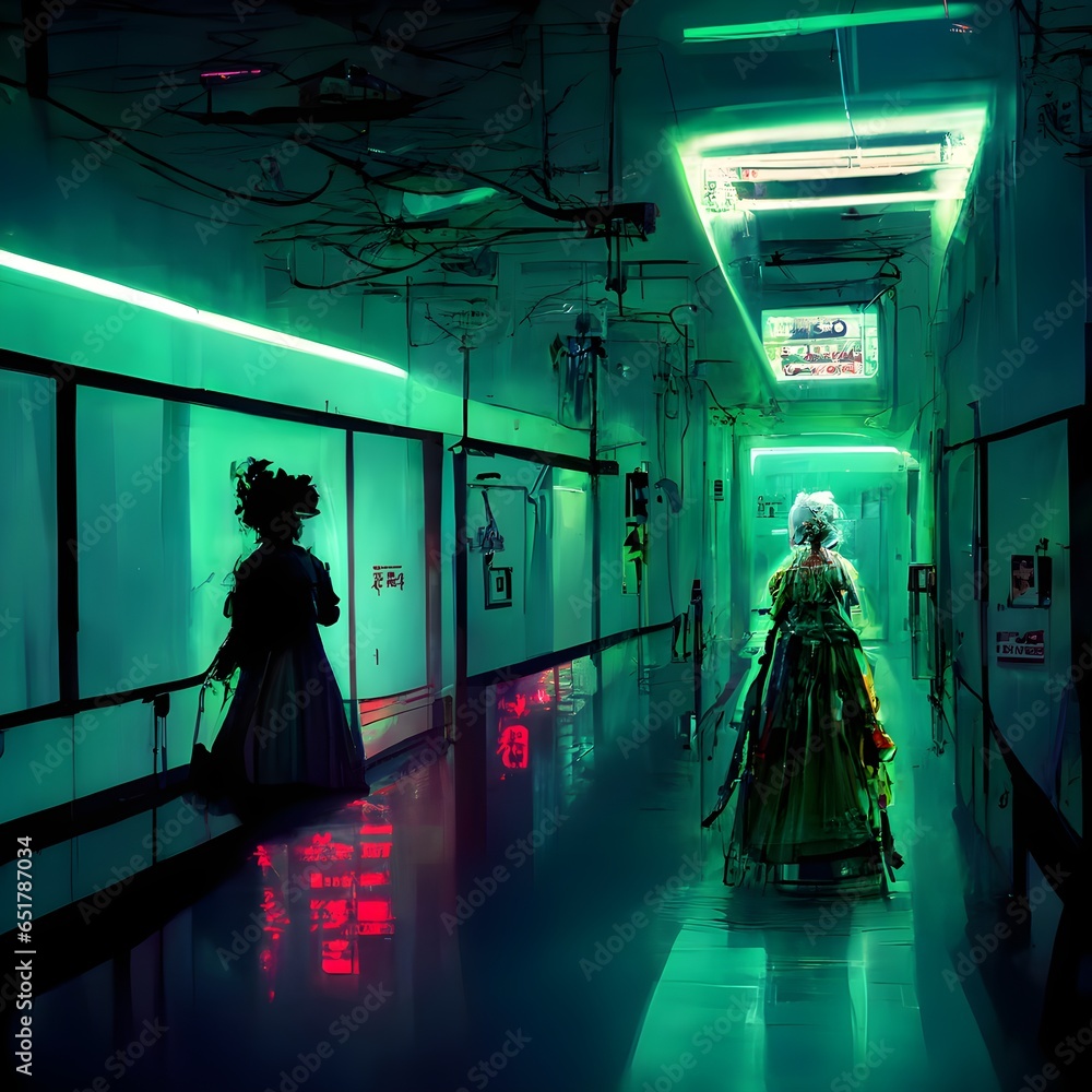 Poster cyberpunk Marie Antoinette wearing a hospital gown standing in the middle of a long hallway with overhead neon lightsdirtydarkmedical equipmentgreenwhiteakira style 