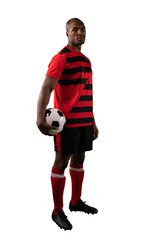 Digital png photo of african american male footballer with ball on transparent background © vectorfusionart