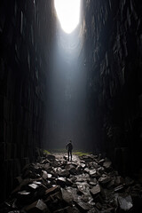 Obraz premium Man at bottom of valley, large, shadowy rock walls surrounding him, pov towards the sky visible through the crevasse