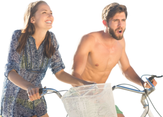 Digital png photo of caucasian couple on bicycles on transparent background