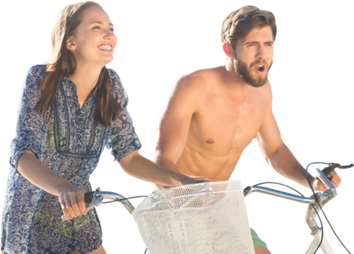 Digital png photo of caucasian couple on bicycles on transparent background - Powered by Adobe