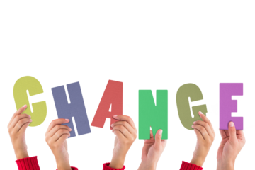 Digital png illustration of hands with change text on transparent background