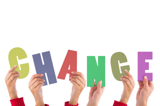 Digital png illustration of hands with change text on transparent background - Powered by Adobe