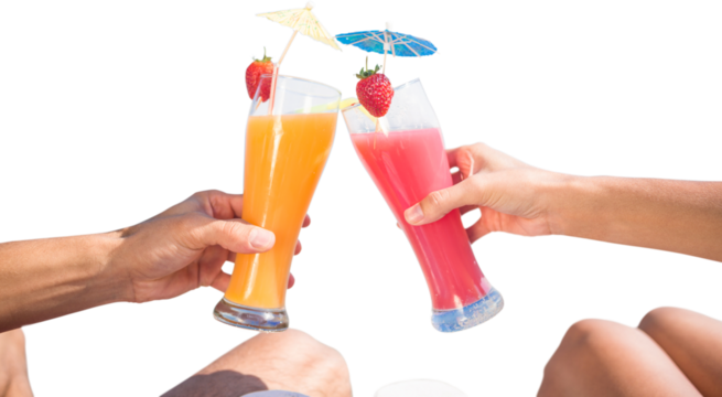 Digital png photo of hands of caucasian couple holding fruit lemonades on transparent background