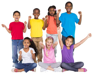 Digital png photo of happy diverse schoolchildren on transparent background