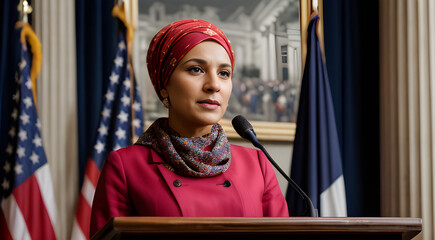 a woman in red dress and scarf doing a press conference as USA official with mic and USA flags  - obrazy, fototapety, plakaty