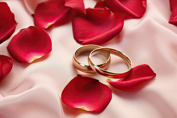 Wedding rings with red rose petals around
