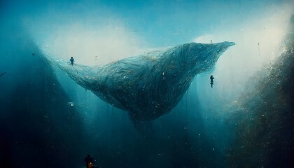 Jonah in the whale as a scuba diver finds him 1986 soft electronic Aromatic braun analog Kodak film schematic drawing tracing paper ultra detailed rendering landscape 8k  - obrazy, fototapety, plakaty