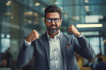 Naklejka premium Confident Indian Businessman Showing a Fighting Pose, Handsome Manager Gestures Raising Fists in Modern Office, Male Entrepreneur Celebrating Success.