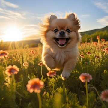 A photorealistic image of a Pekingese puppy running through a field of wildflowers in the golden hour
