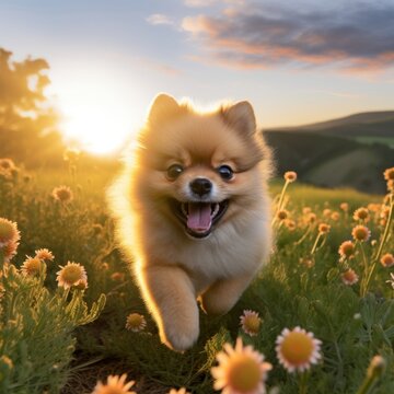 A photorealistic image of a Pomeranian puppy running through a field of wildflowers in the golden hour