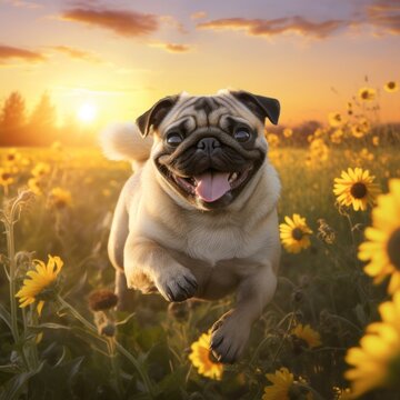 A photorealistic image of a Pug puppy running through a field of wildflowers in the golden hour