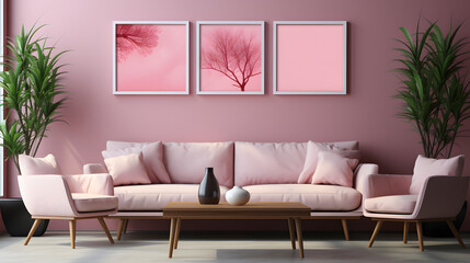 Pink sofa and chair near wall with two art poster mock up frames. Postmodern memphis style interior design of modern living room