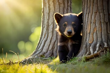 image of a baby black bear cub peeking out from behind a tree - obrazy, fototapety, plakaty